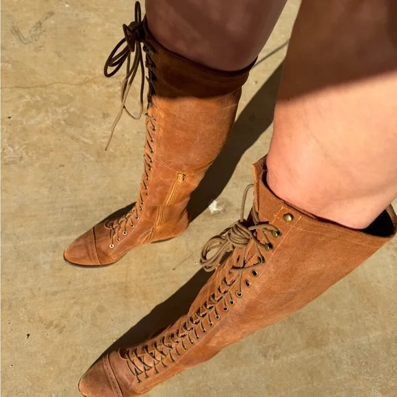 Jeffrey Campbell Sz 9 Brown 100% Lambs Leather Tall Lace Up boot Free People Joe - Picture 2 of 16